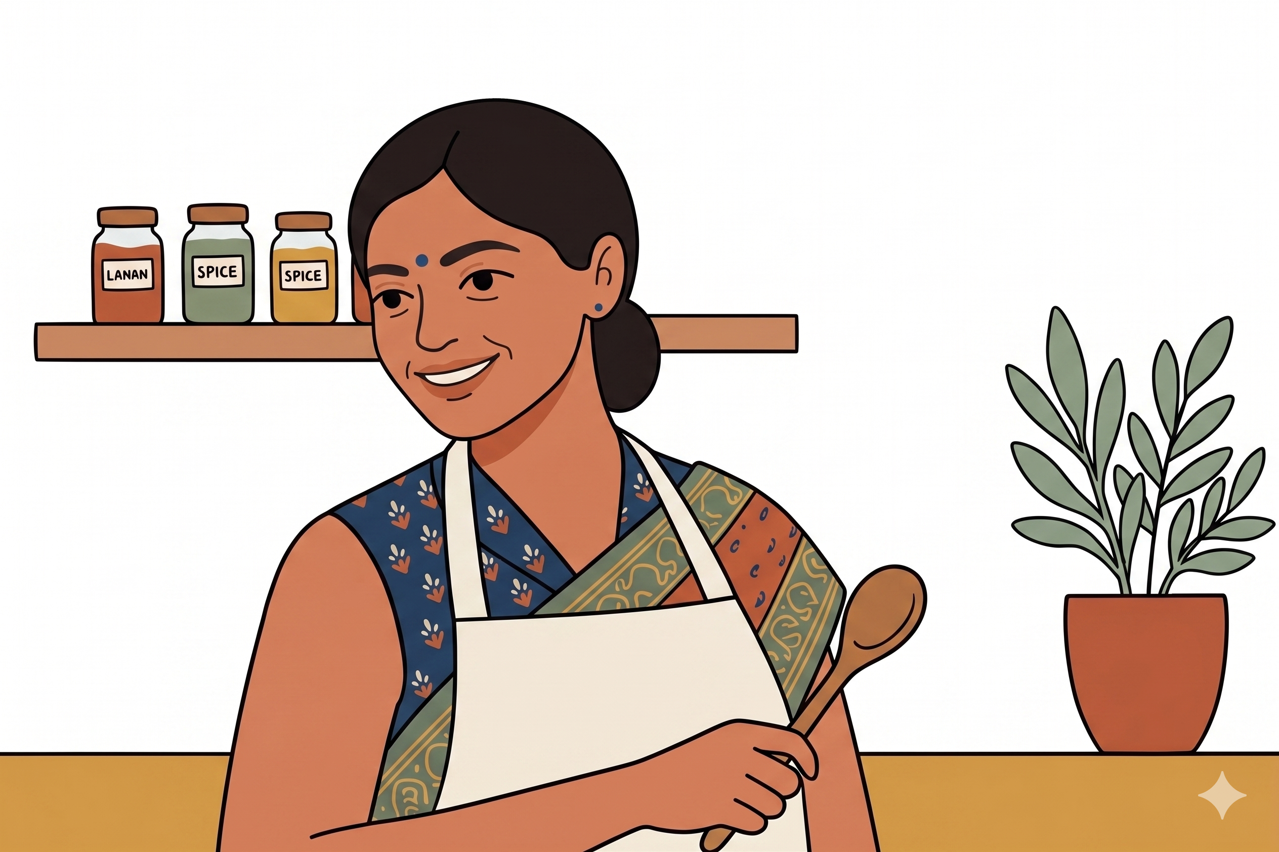 Illustration of Nidhi in her kitchen